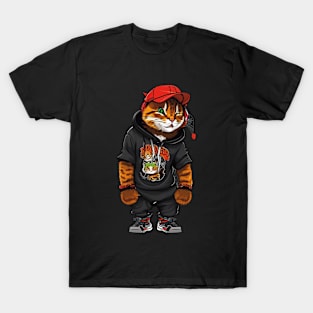 Cute Cartoon Hip Hop Cat in Hoodie with Headset T-Shirt